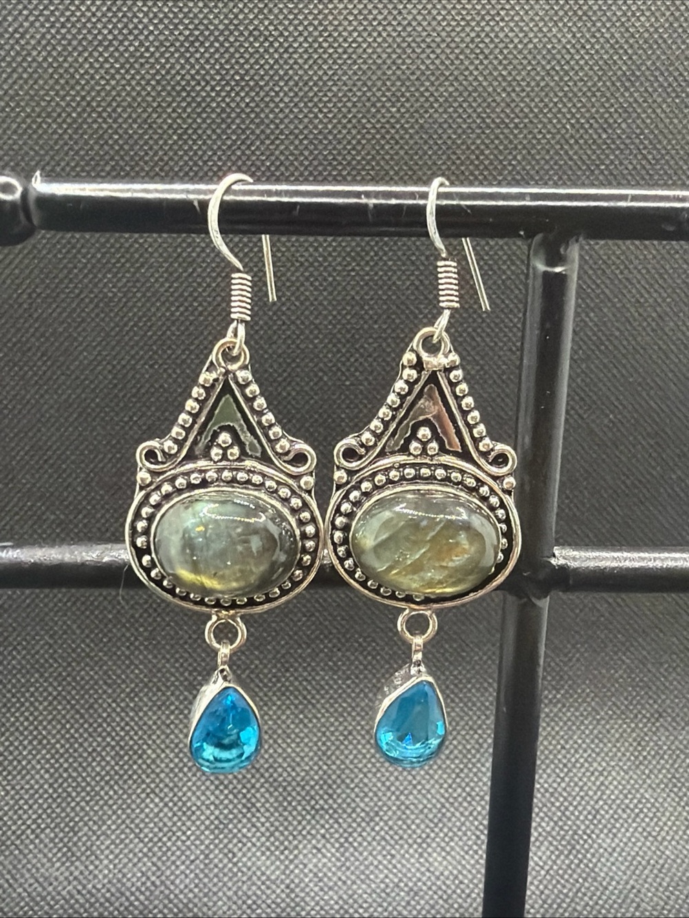 Sterling Silver Labradorite And Swiss Blue Topaz Antique Style Earrings 2.5”
